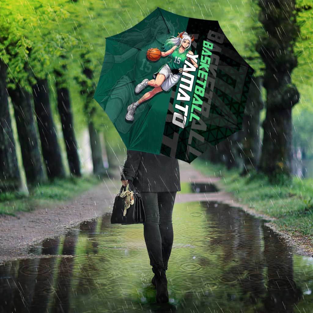 Yamato One Piece Basketball Theme Green and Black Design Umbrella with Oni Mask Emblem and Dynamic Pose - The Mazicc