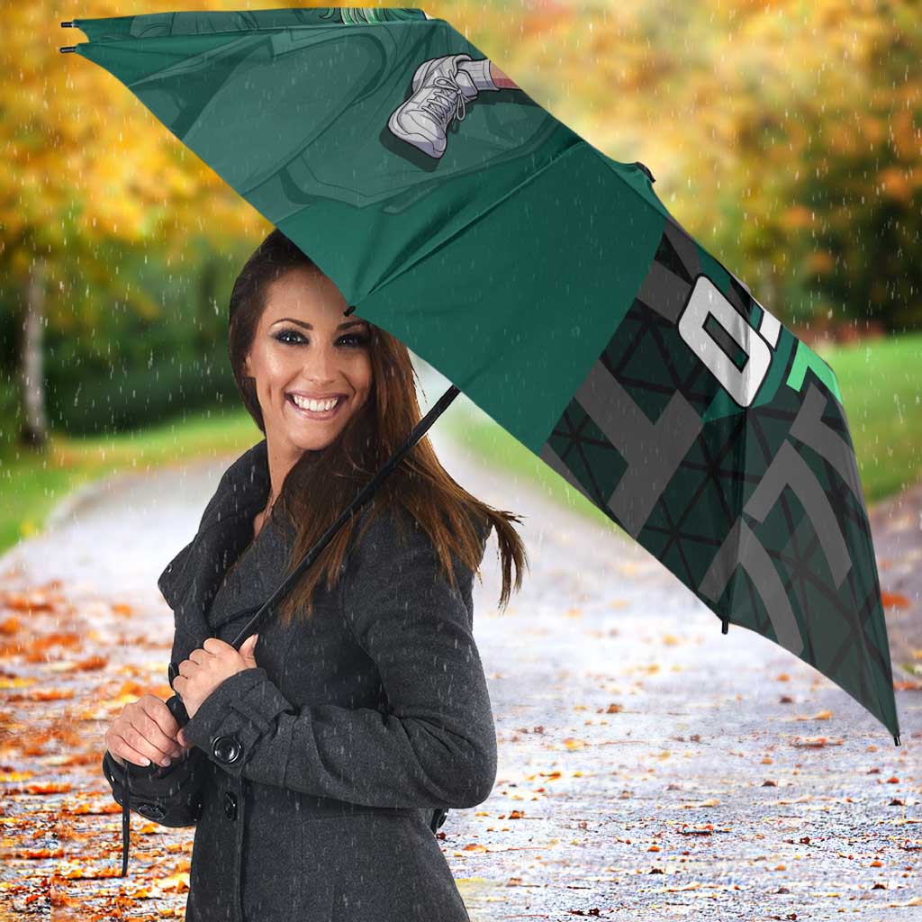 Yamato One Piece Basketball Theme Green and Black Design Umbrella with Oni Mask Emblem and Dynamic Pose - The Mazicc