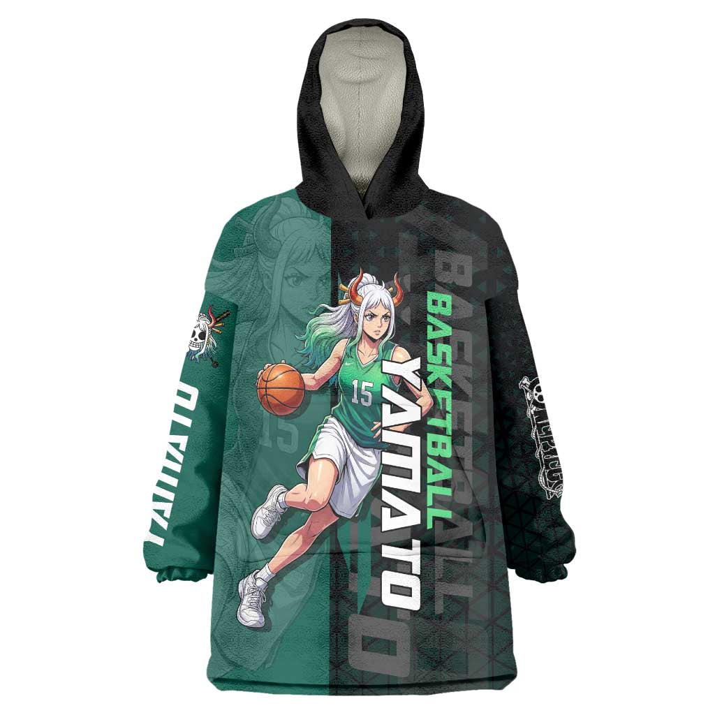 Yamato One Piece Basketball Theme Green and Black Design Wearable Blanket Hoodie with Oni Mask Emblem and Dynamic Pose - The Mazicc
