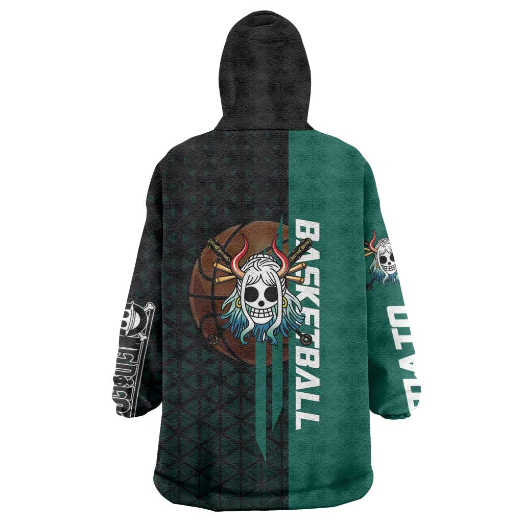 Yamato One Piece Basketball Theme Green and Black Design Wearable Blanket Hoodie with Oni Mask Emblem and Dynamic Pose - The Mazicc