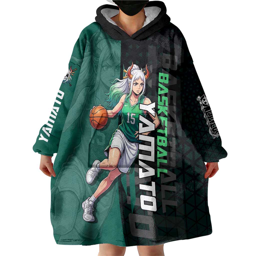 Yamato One Piece Basketball Theme Green and Black Design Wearable Blanket Hoodie with Oni Mask Emblem and Dynamic Pose - The Mazicc