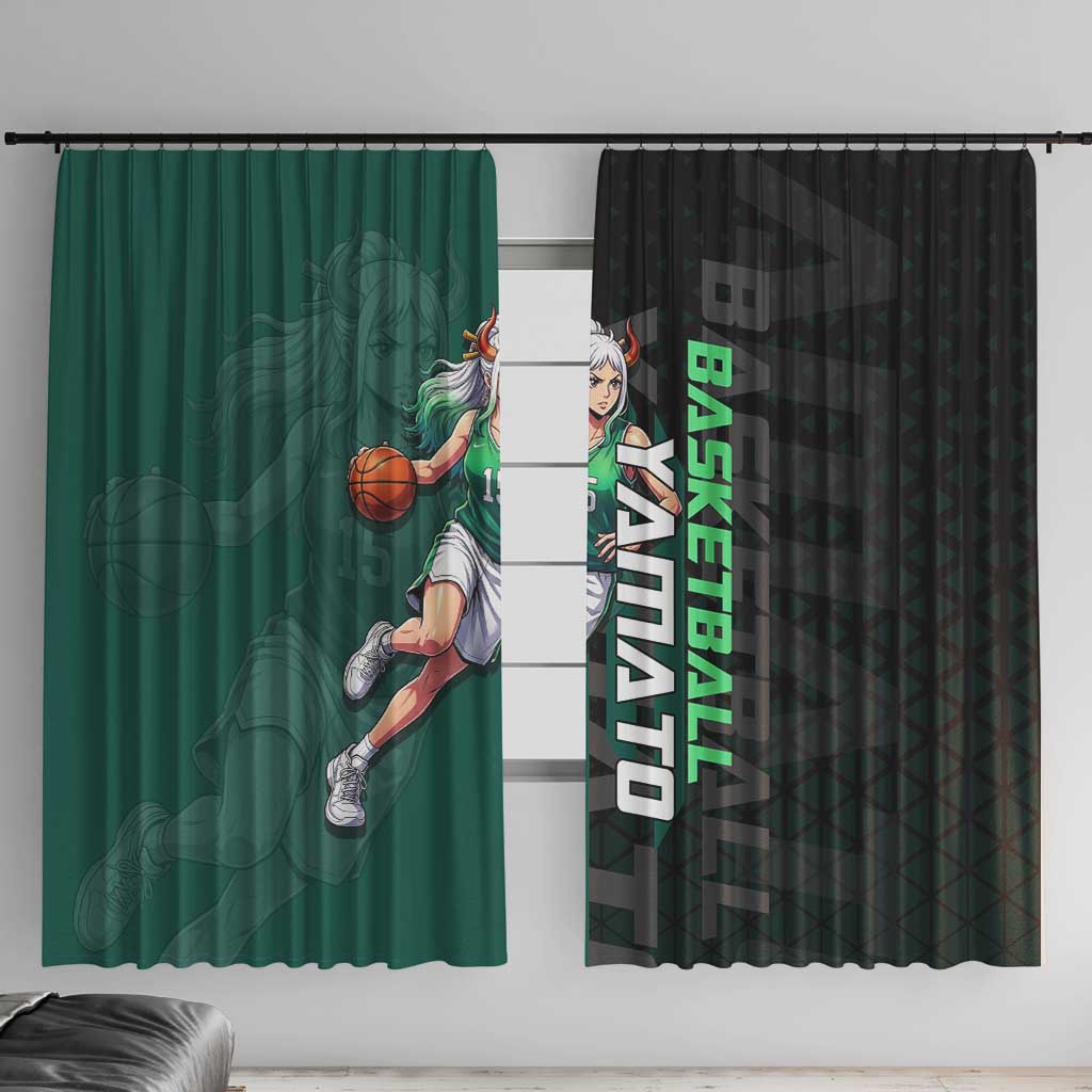 Yamato One Piece Basketball Theme Green and Black Design Window Curtain with Oni Mask Emblem and Dynamic Pose - The Mazicc