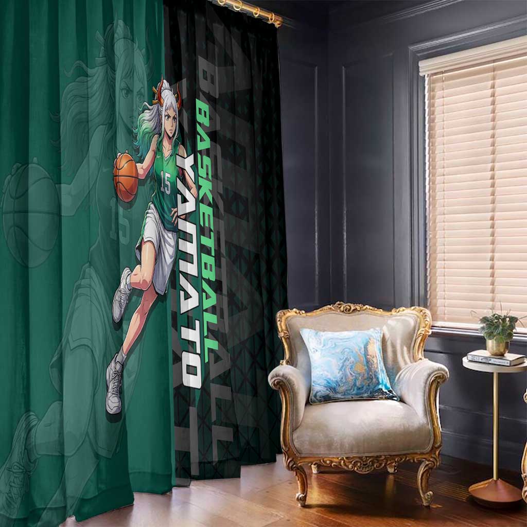 Yamato One Piece Basketball Theme Green and Black Design Window Curtain with Oni Mask Emblem and Dynamic Pose - The Mazicc
