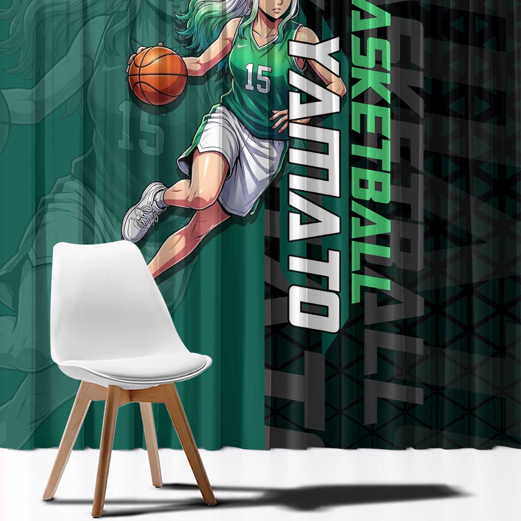 Yamato One Piece Basketball Theme Green and Black Design Window Curtain with Oni Mask Emblem and Dynamic Pose - The Mazicc