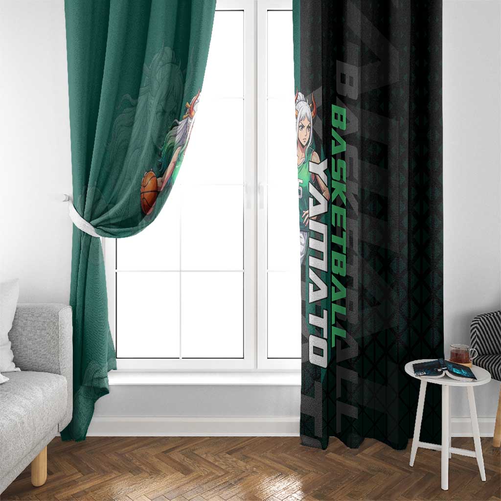 Yamato One Piece Basketball Theme Green and Black Design Window Curtain with Oni Mask Emblem and Dynamic Pose - The Mazicc