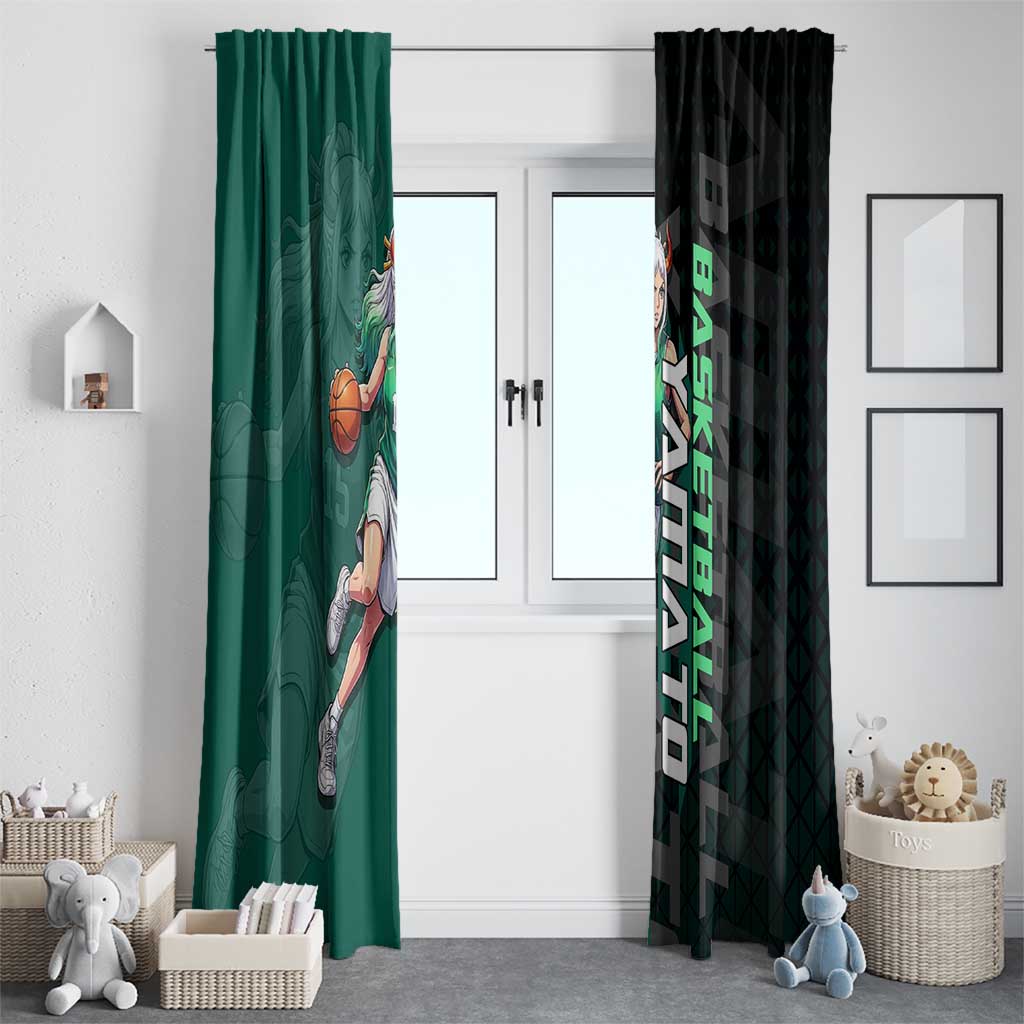 Yamato One Piece Basketball Theme Green and Black Design Window Curtain with Oni Mask Emblem and Dynamic Pose - The Mazicc