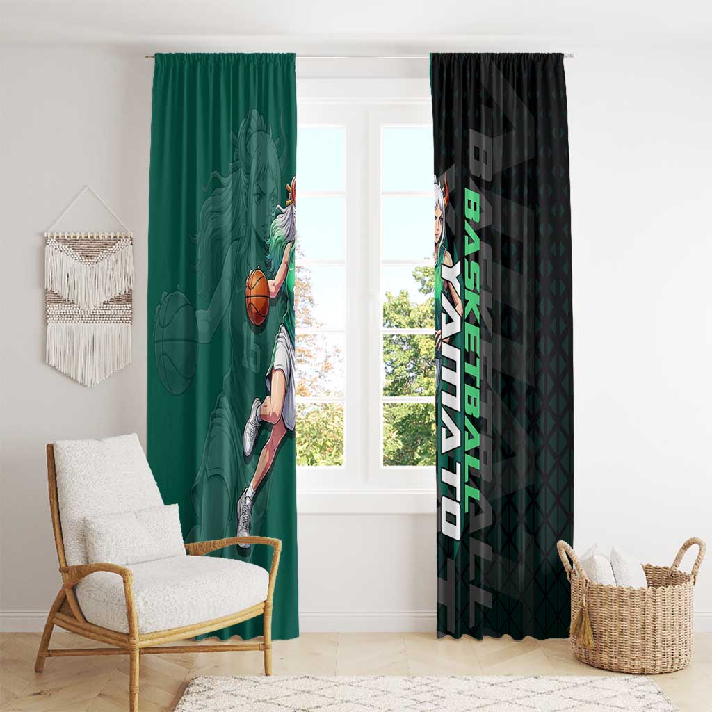 Yamato One Piece Basketball Theme Green and Black Design Window Curtain with Oni Mask Emblem and Dynamic Pose - The Mazicc
