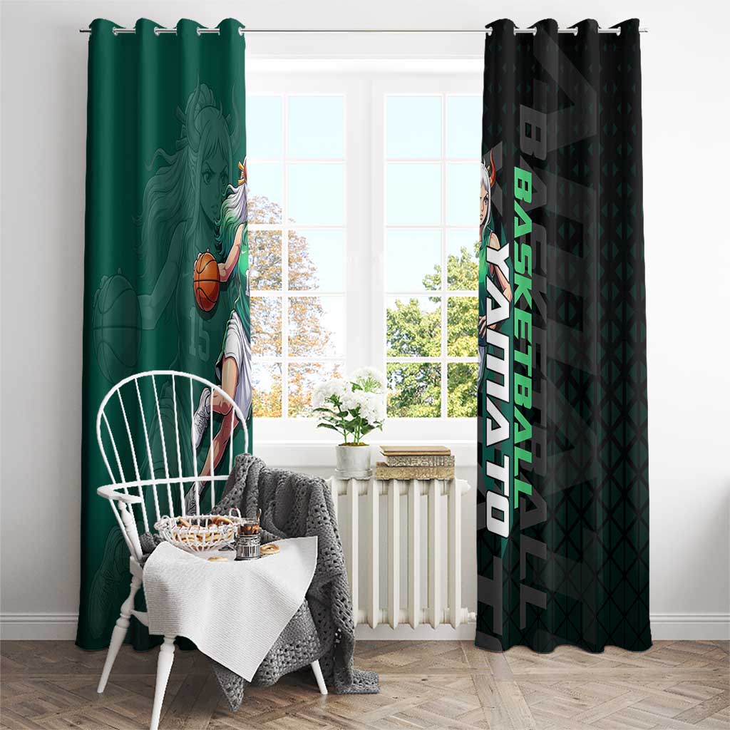 Yamato One Piece Basketball Theme Green and Black Design Window Curtain with Oni Mask Emblem and Dynamic Pose - The Mazicc