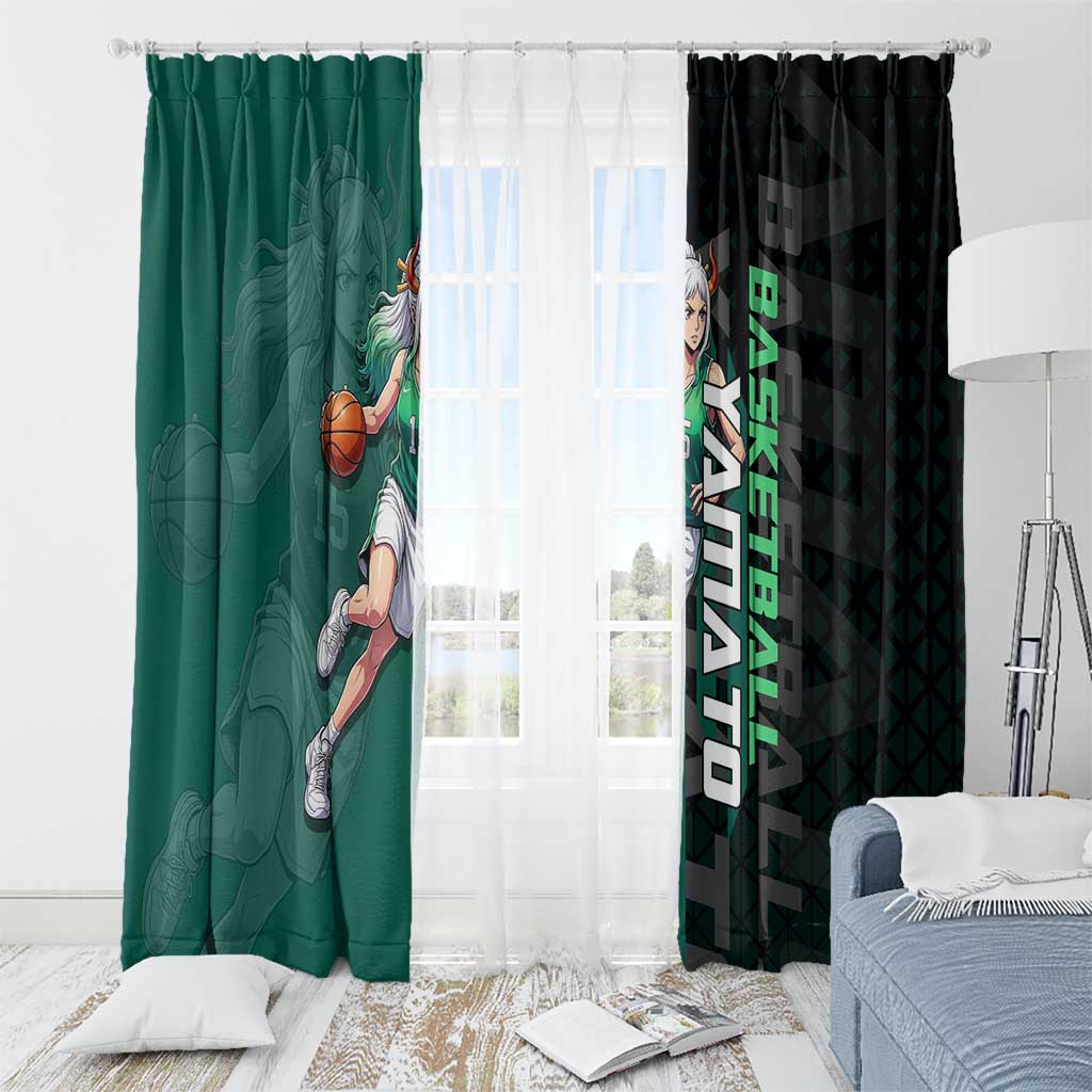 Yamato One Piece Basketball Theme Green and Black Design Window Curtain with Oni Mask Emblem and Dynamic Pose - The Mazicc