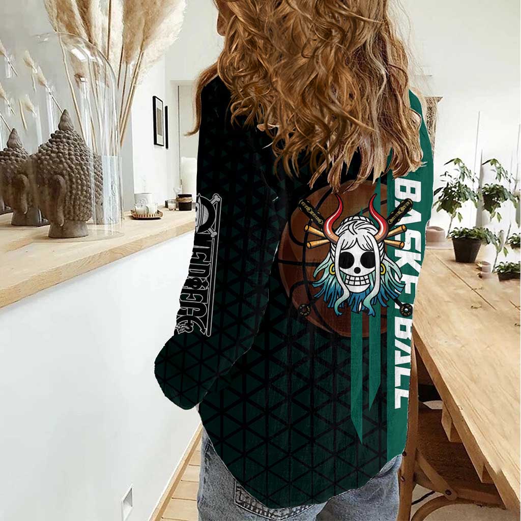 Yamato One Piece Basketball Theme Green and Black Design Women Casual Shirt with Oni Mask Emblem and Dynamic Pose - The Mazicc