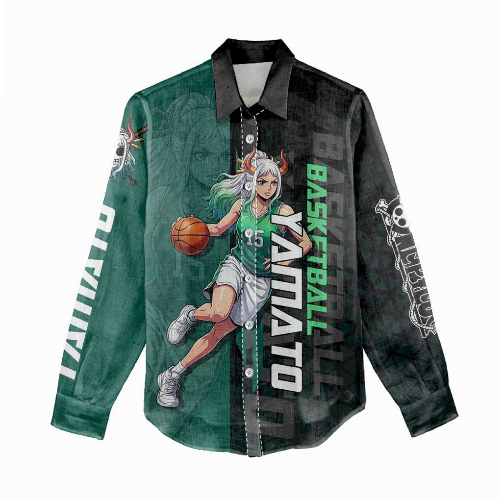 Yamato One Piece Basketball Theme Green and Black Design Women Casual Shirt with Oni Mask Emblem and Dynamic Pose - The Mazicc