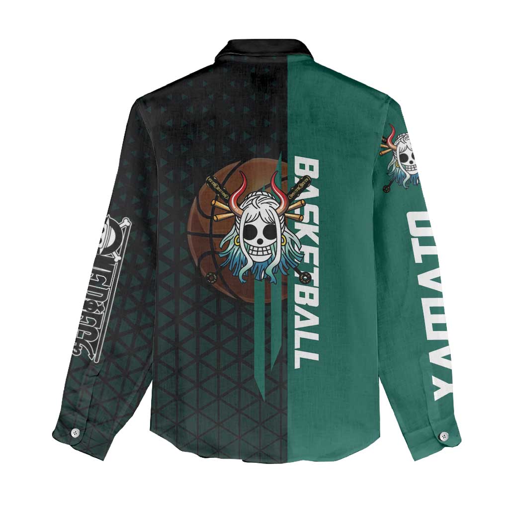 Yamato One Piece Basketball Theme Green and Black Design Women Casual Shirt with Oni Mask Emblem and Dynamic Pose - The Mazicc