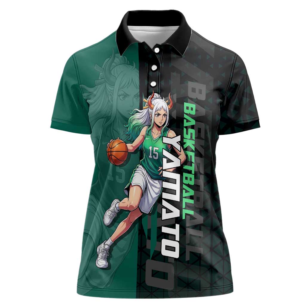 Yamato One Piece Basketball Theme Green and Black Design Women Polo Shirt with Oni Mask Emblem and Dynamic Pose - The Mazicc