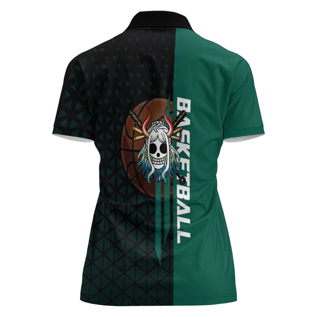 Yamato One Piece Basketball Theme Green and Black Design Women Polo Shirt with Oni Mask Emblem and Dynamic Pose - The Mazicc