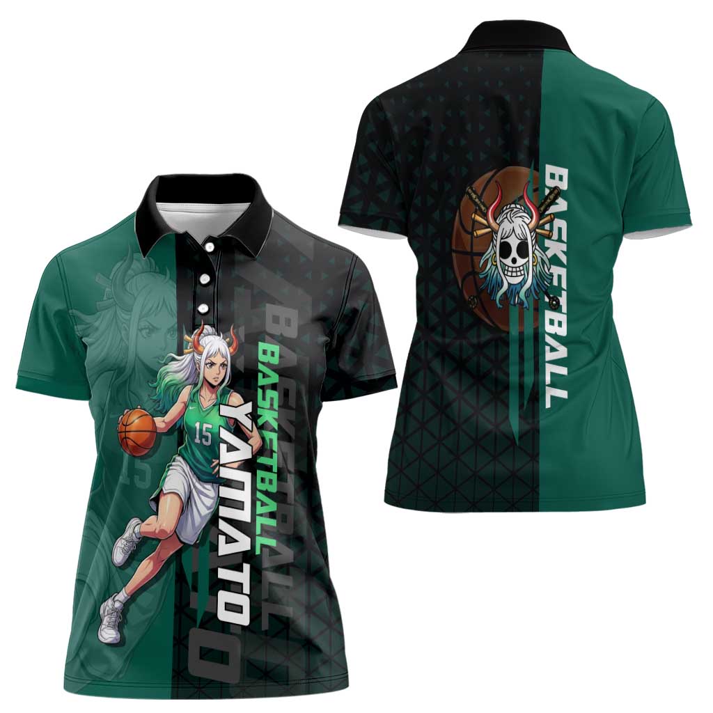 Yamato One Piece Basketball Theme Green and Black Design Women Polo Shirt with Oni Mask Emblem and Dynamic Pose - The Mazicc