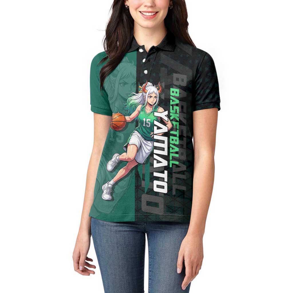 Yamato One Piece Basketball Theme Green and Black Design Women Polo Shirt with Oni Mask Emblem and Dynamic Pose - The Mazicc
