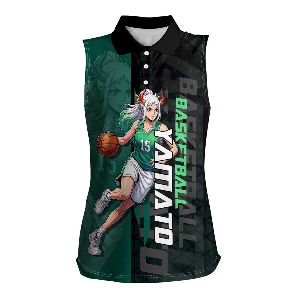 Yamato One Piece Basketball Theme Green and Black Design Women Sleeveless Polo Shirt with Oni Mask Emblem and Dynamic Pose - The Mazicc