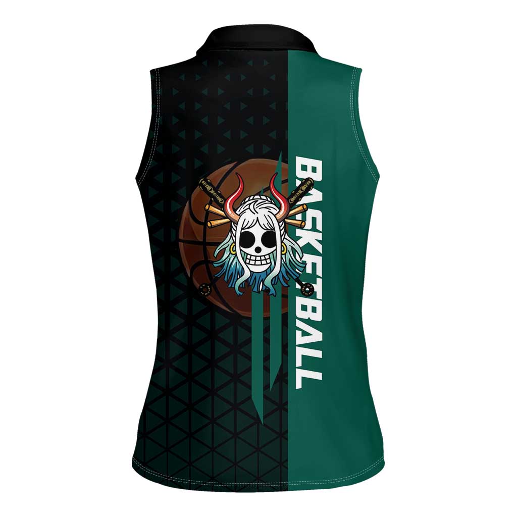 Yamato One Piece Basketball Theme Green and Black Design Women Sleeveless Polo Shirt with Oni Mask Emblem and Dynamic Pose - The Mazicc