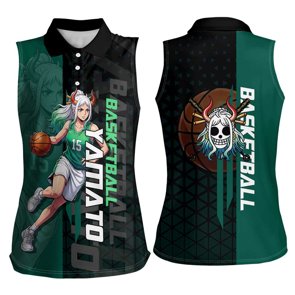 Yamato One Piece Basketball Theme Green and Black Design Women Sleeveless Polo Shirt with Oni Mask Emblem and Dynamic Pose - The Mazicc