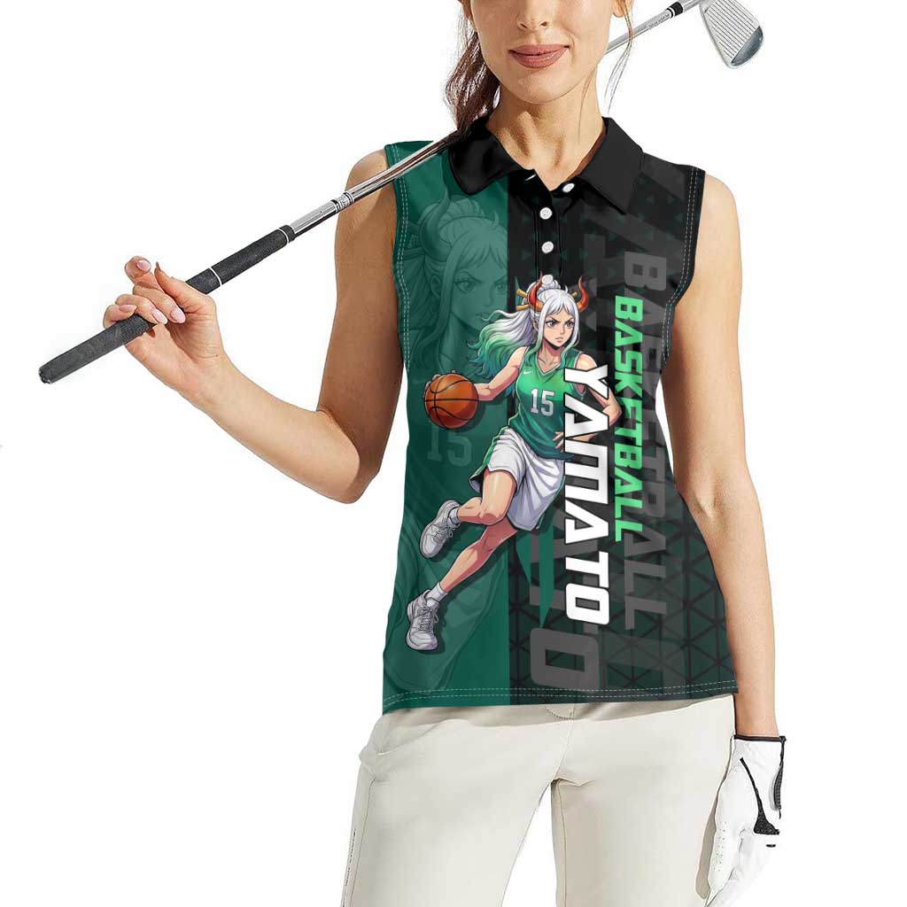 Yamato One Piece Basketball Theme Green and Black Design Women Sleeveless Polo Shirt with Oni Mask Emblem and Dynamic Pose - The Mazicc