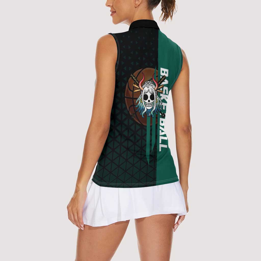 Yamato One Piece Basketball Theme Green and Black Design Women Sleeveless Polo Shirt with Oni Mask Emblem and Dynamic Pose - The Mazicc