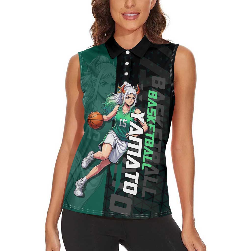 Yamato One Piece Basketball Theme Green and Black Design Women Sleeveless Polo Shirt with Oni Mask Emblem and Dynamic Pose - The Mazicc