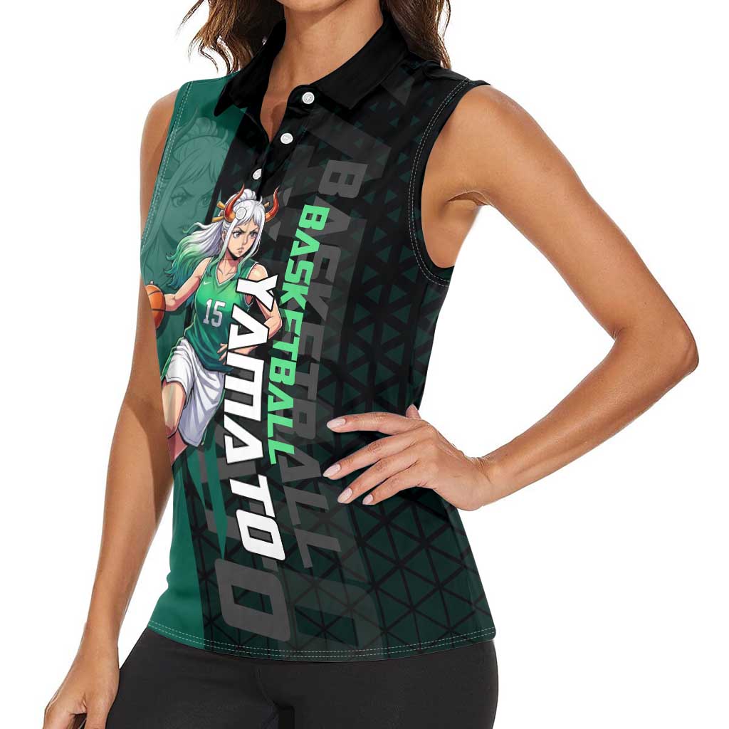 Yamato One Piece Basketball Theme Green and Black Design Women Sleeveless Polo Shirt with Oni Mask Emblem and Dynamic Pose - The Mazicc