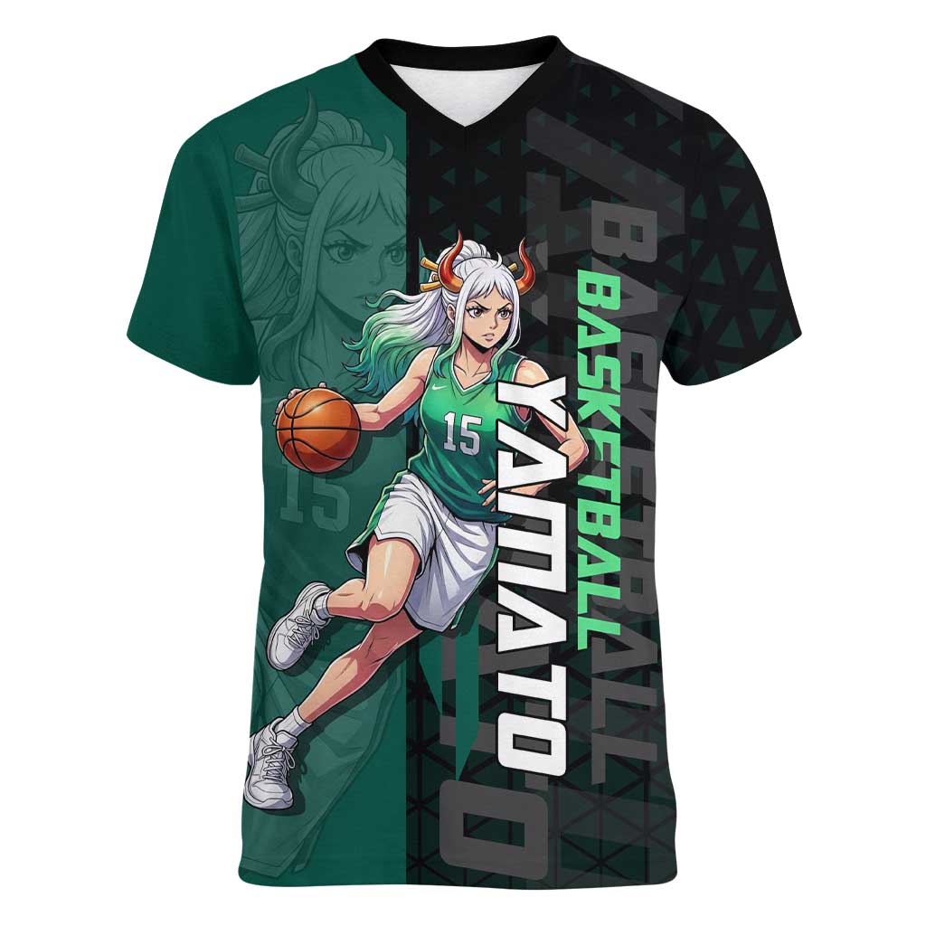 Yamato One Piece Basketball Theme Green and Black Design Women V-Neck T-Shirt with Oni Mask Emblem and Dynamic Pose - The Mazicc