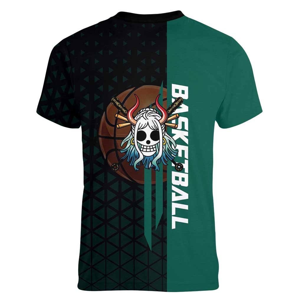 Yamato One Piece Basketball Theme Green and Black Design Women V-Neck T-Shirt with Oni Mask Emblem and Dynamic Pose - The Mazicc