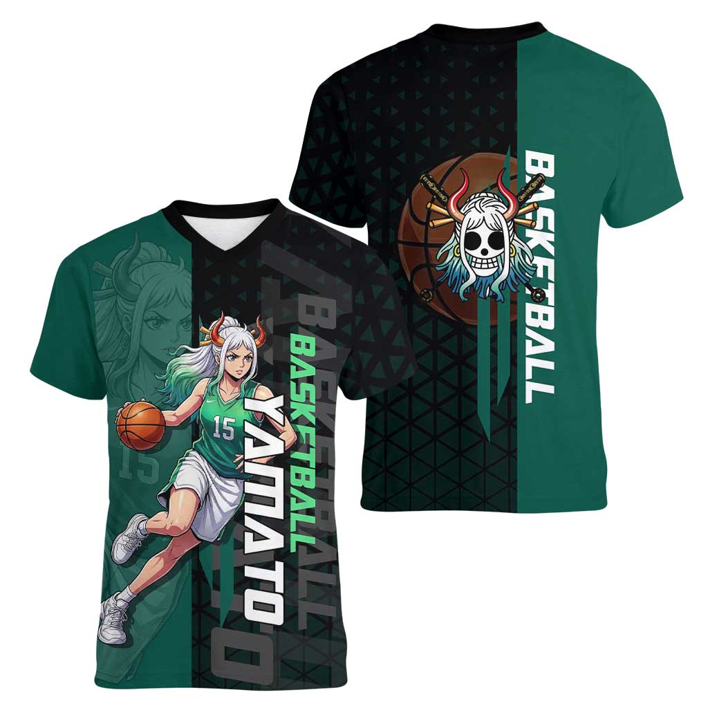 Yamato One Piece Basketball Theme Green and Black Design Women V-Neck T-Shirt with Oni Mask Emblem and Dynamic Pose - The Mazicc