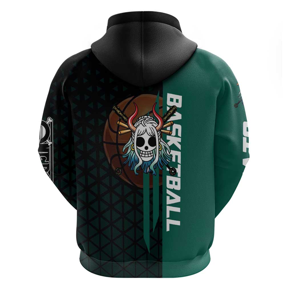 Yamato One Piece Basketball Theme Green and Black Design Zip Hoodie with Oni Mask Emblem and Dynamic Pose - The Mazicc