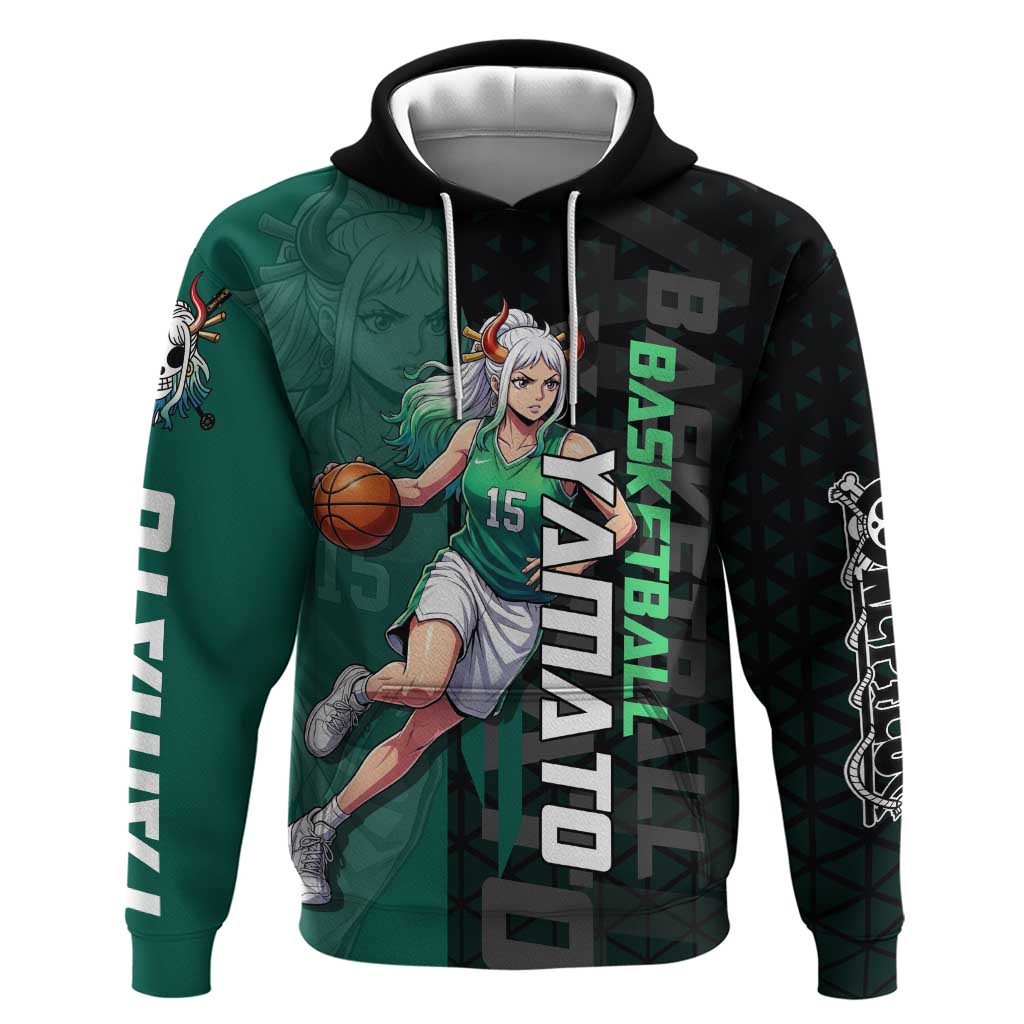 Yamato One Piece Basketball Theme Green and Black Design Zip Hoodie with Oni Mask Emblem and Dynamic Pose - The Mazicc