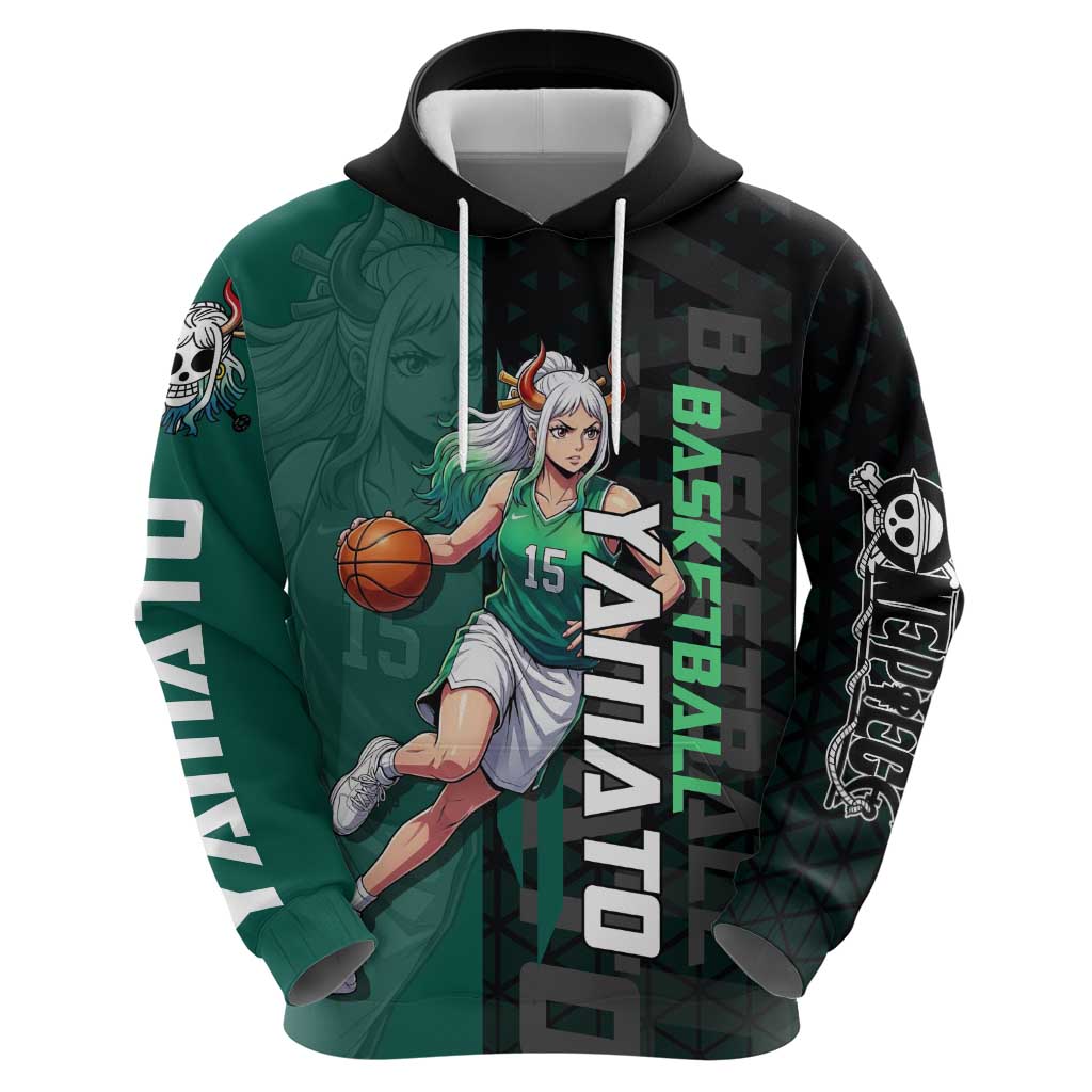 Yamato One Piece Basketball Theme Green and Black Design Zip Hoodie with Oni Mask Emblem and Dynamic Pose - The Mazicc