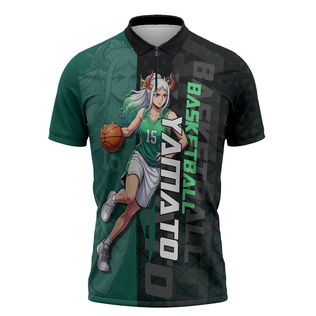 Yamato One Piece Basketball Theme Green and Black Design Zipper Polo Shirt with Oni Mask Emblem and Dynamic Pose - The Mazicc