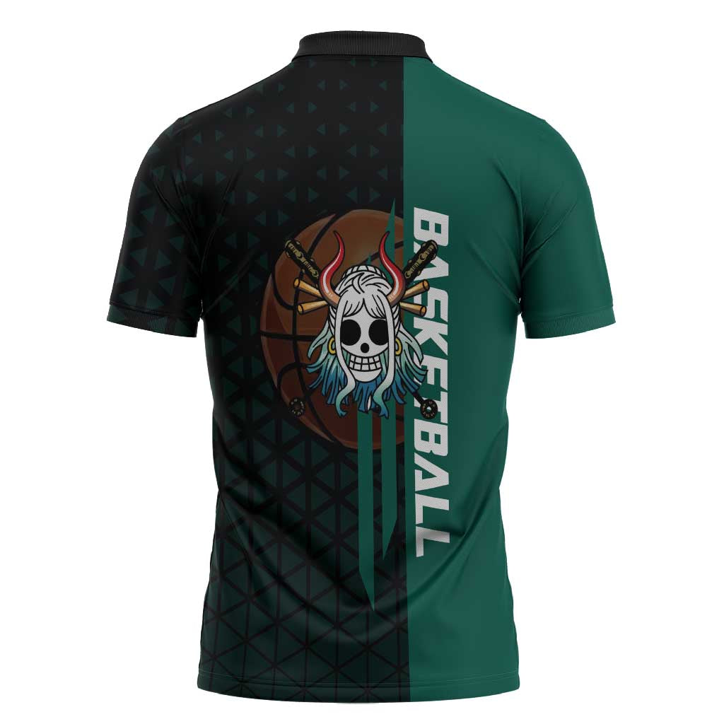 Yamato One Piece Basketball Theme Green and Black Design Zipper Polo Shirt with Oni Mask Emblem and Dynamic Pose - The Mazicc