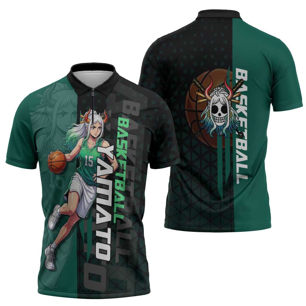 Yamato One Piece Basketball Theme Green and Black Design Zipper Polo Shirt with Oni Mask Emblem and Dynamic Pose - The Mazicc