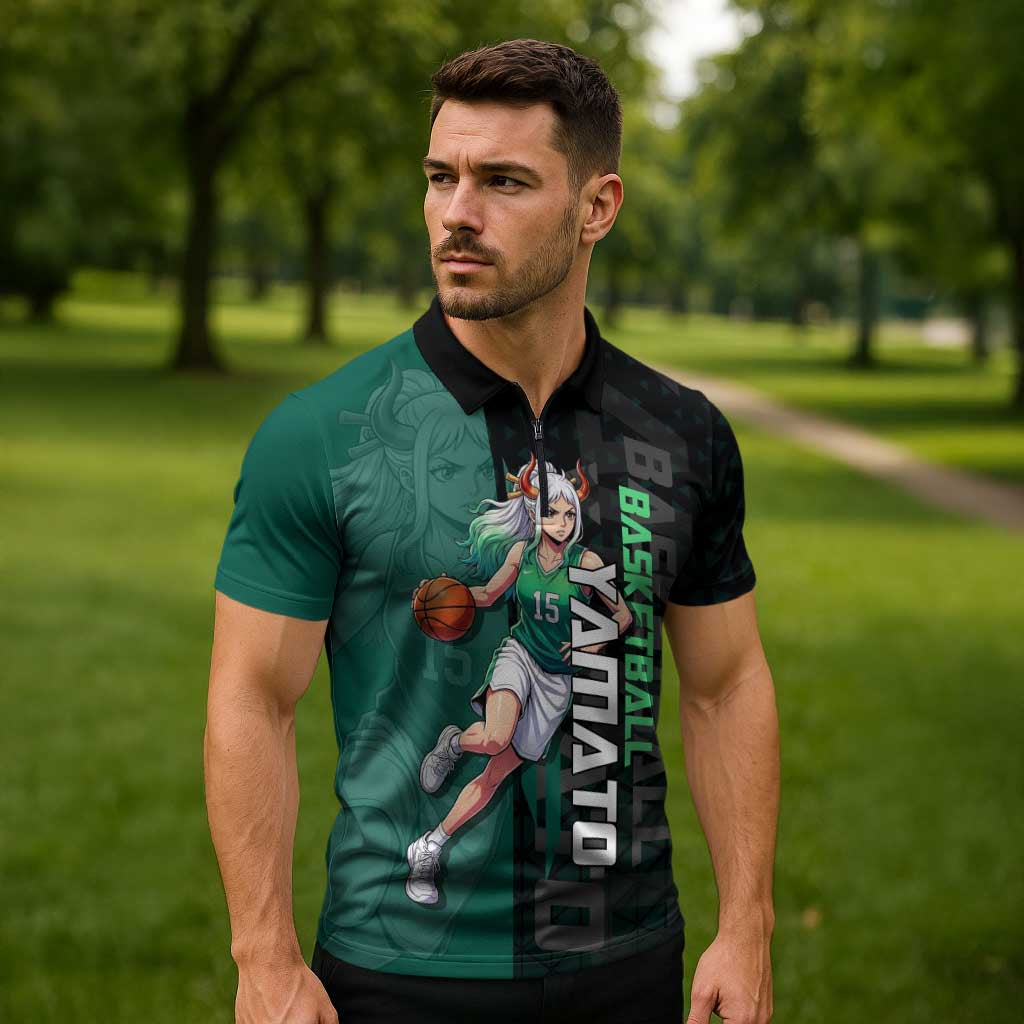 Yamato One Piece Basketball Theme Green and Black Design Zipper Polo Shirt with Oni Mask Emblem and Dynamic Pose - The Mazicc