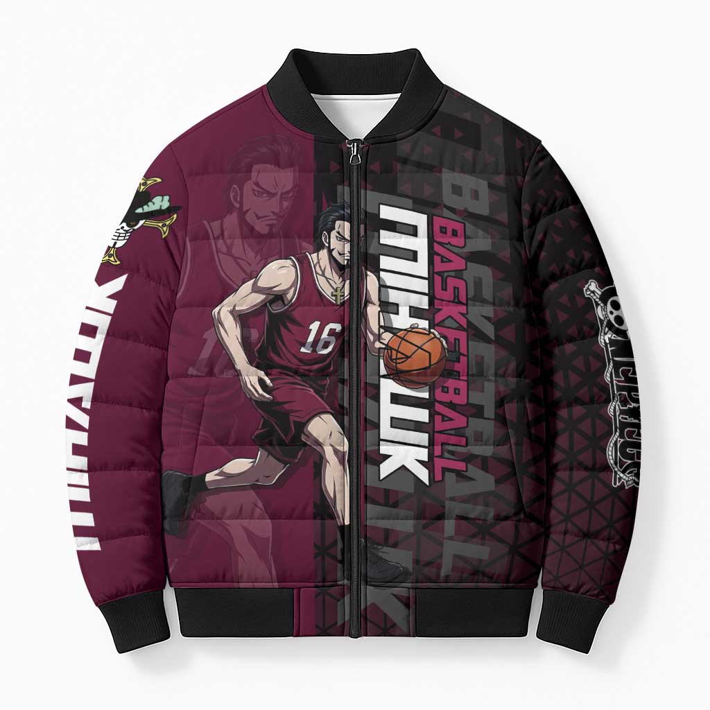 Mihawk One Piece Basketball Bomber Puffer Jacket Aggressive Pose - The Mazicc