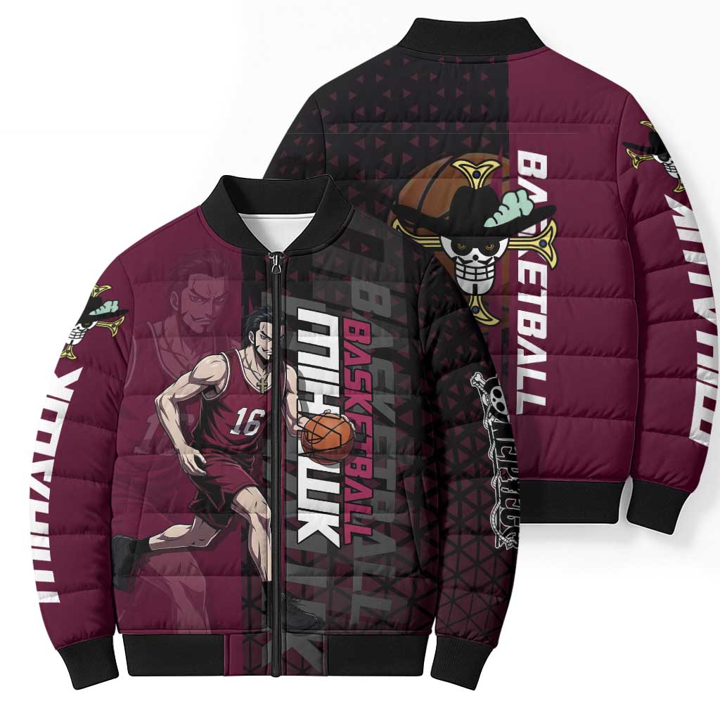 Mihawk One Piece Basketball Bomber Puffer Jacket Aggressive Pose - The Mazicc