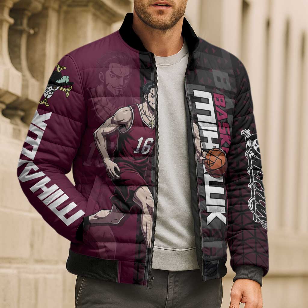 Mihawk One Piece Basketball Bomber Puffer Jacket Aggressive Pose - The Mazicc
