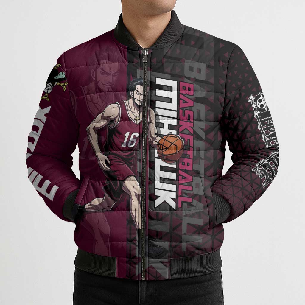 Mihawk One Piece Basketball Bomber Puffer Jacket Aggressive Pose - The Mazicc