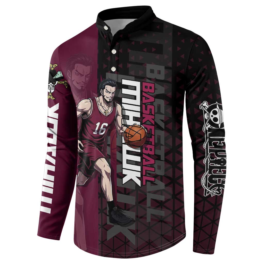 Mihawk One Piece Basketball Button Sweatshirt Aggressive Pose - The Mazicc