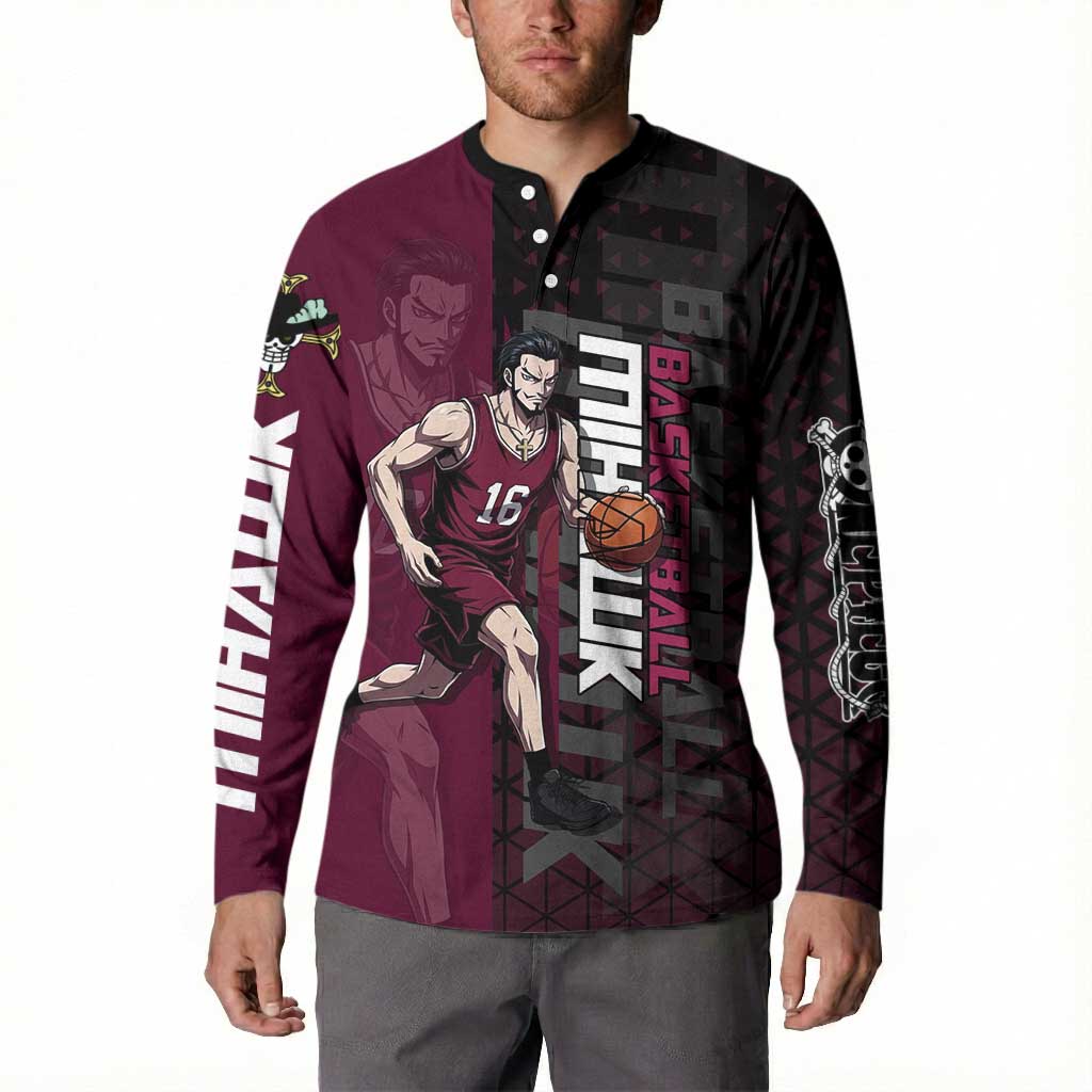 Mihawk One Piece Basketball Button Sweatshirt Aggressive Pose - The Mazicc