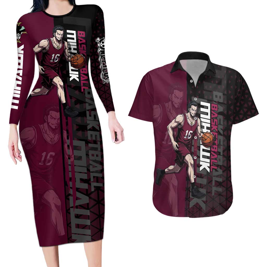 Mihawk One Piece Basketball Couples Matching Long Sleeve Bodycon Dress and Hawaiian Shirt Aggressive Pose - The Mazicc