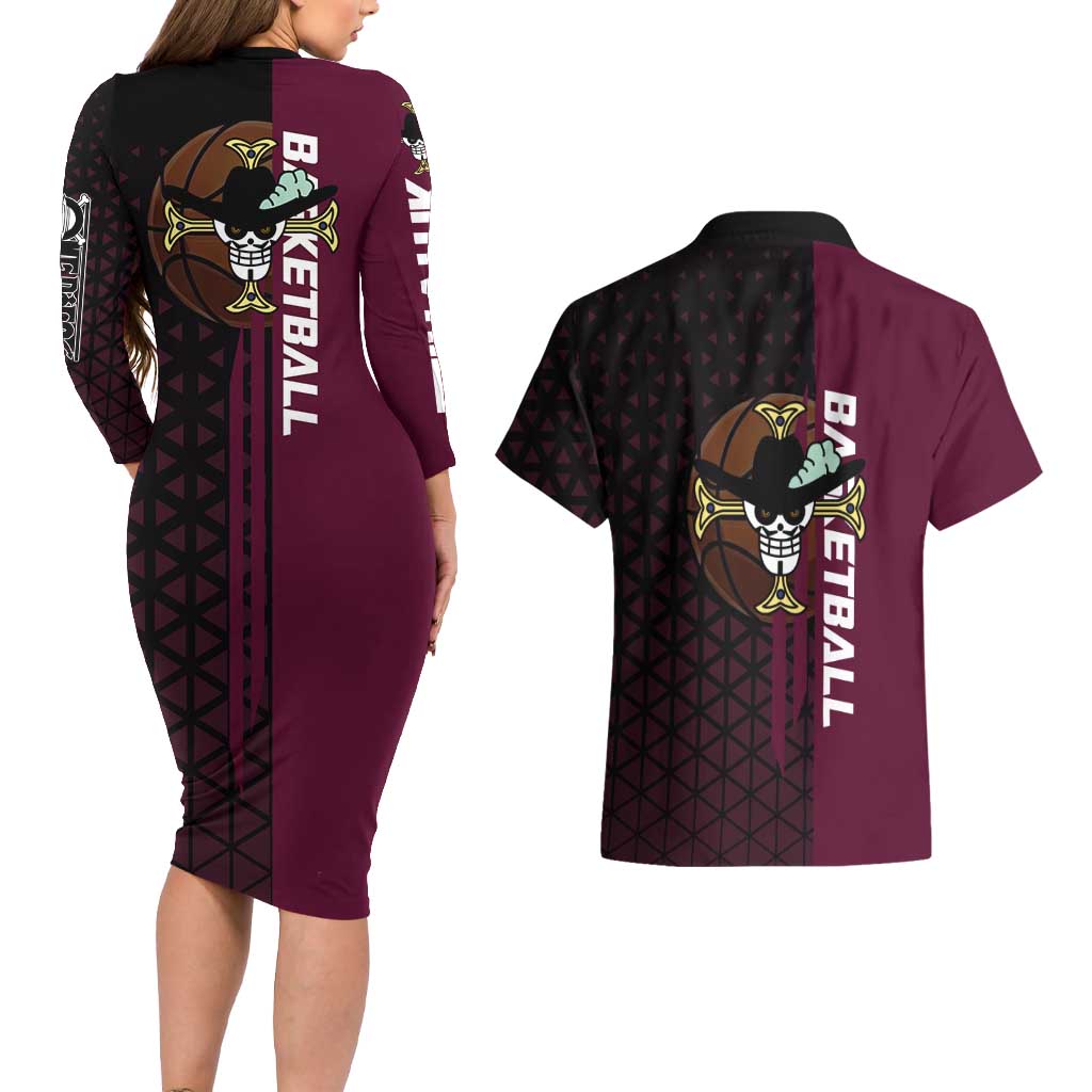Mihawk One Piece Basketball Couples Matching Long Sleeve Bodycon Dress and Hawaiian Shirt Aggressive Pose - The Mazicc