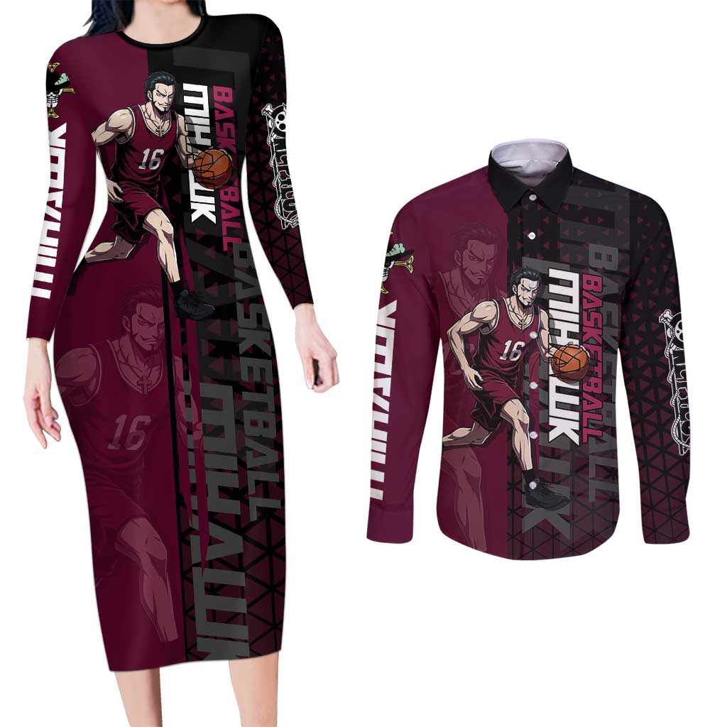 Mihawk One Piece Basketball Couples Matching Long Sleeve Bodycon Dress and Long Sleeve Button Shirt Aggressive Pose - The Mazicc