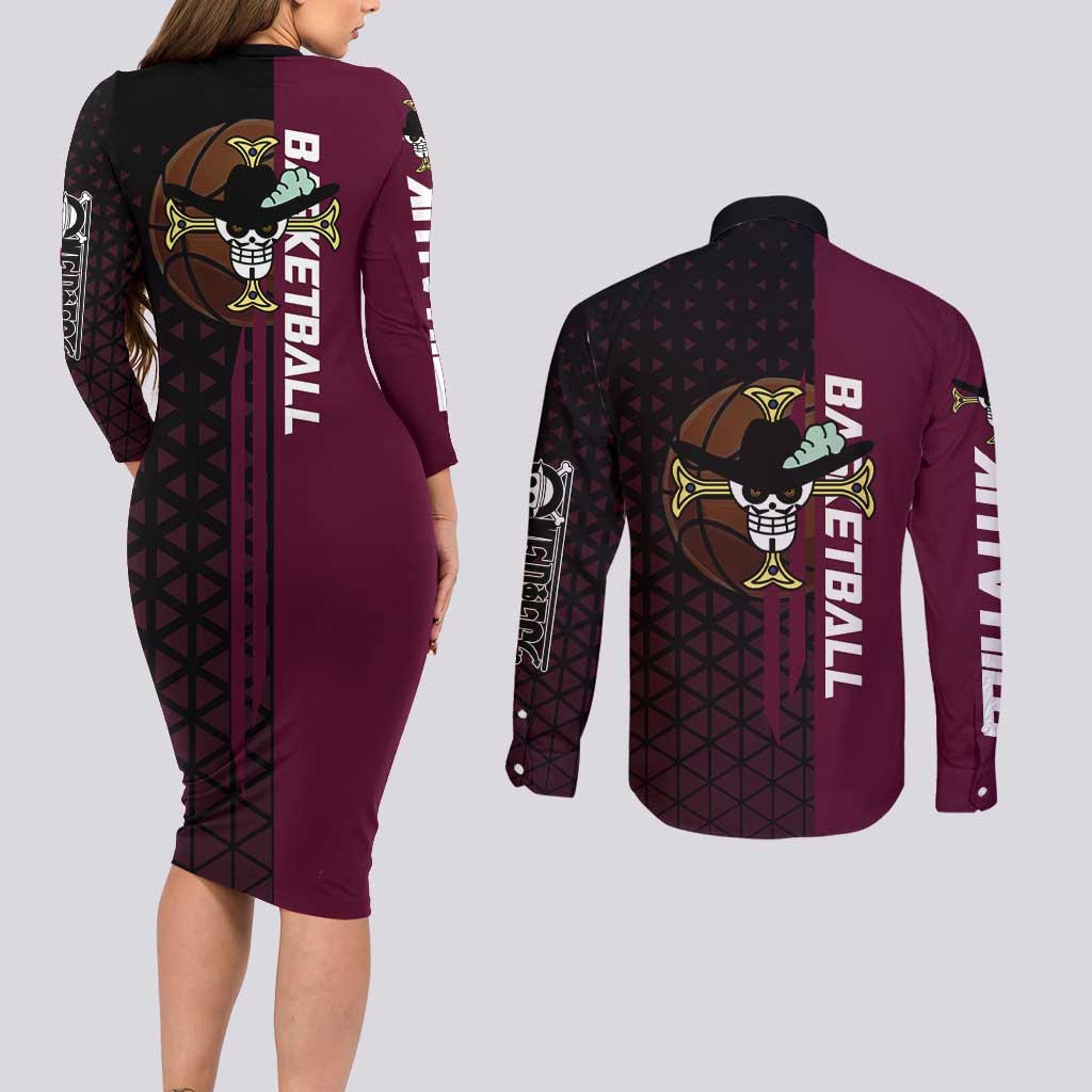 Mihawk One Piece Basketball Couples Matching Long Sleeve Bodycon Dress and Long Sleeve Button Shirt Aggressive Pose - The Mazicc