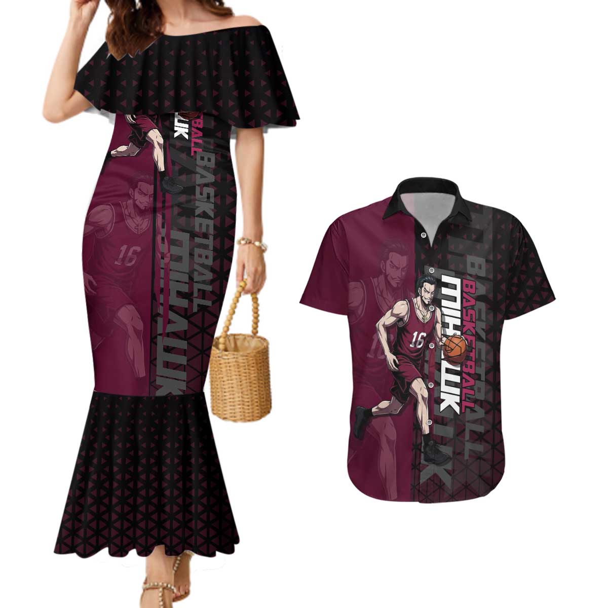 Mihawk One Piece Basketball Couples Matching Mermaid Dress and Hawaiian Shirt Aggressive Pose - The Mazicc