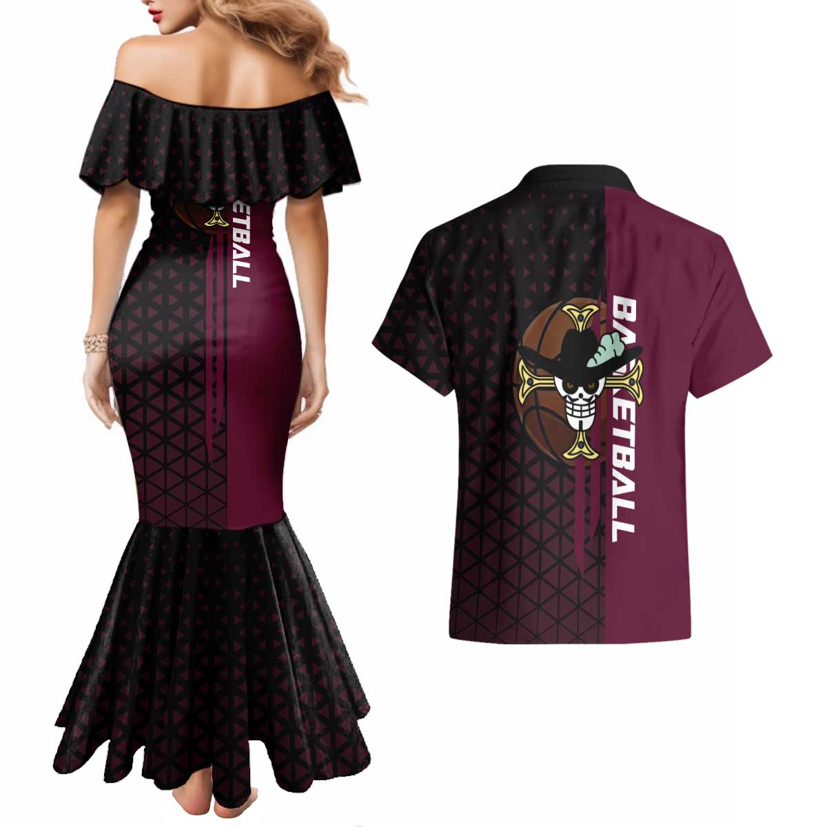 Mihawk One Piece Basketball Couples Matching Mermaid Dress and Hawaiian Shirt Aggressive Pose - The Mazicc