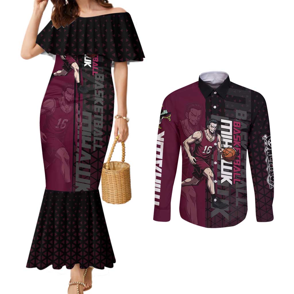 Mihawk One Piece Basketball Couples Matching Mermaid Dress and Long Sleeve Button Shirt Aggressive Pose - The Mazicc